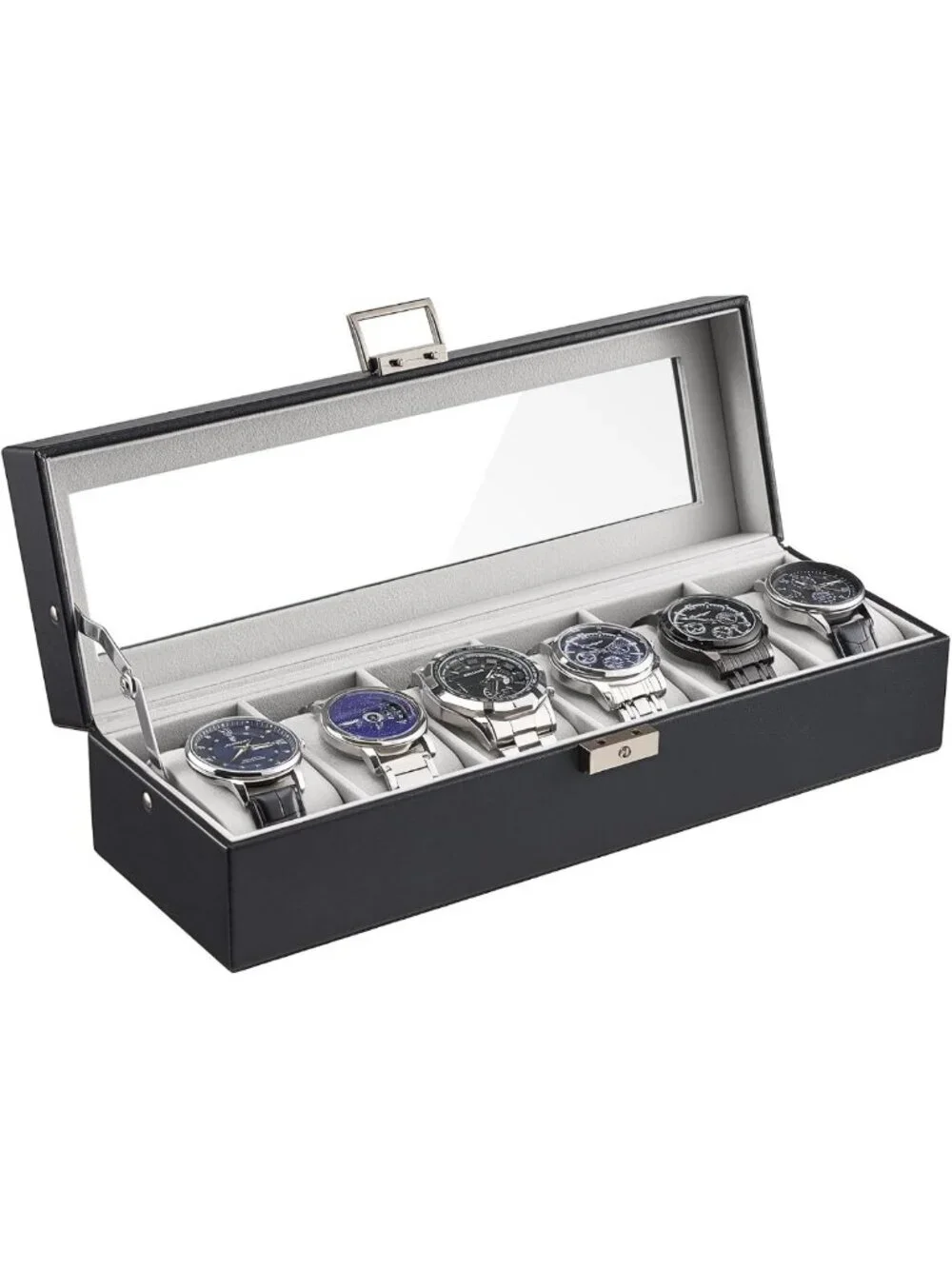 Stylish 6-Slot Watch Case for Men | PU Leather Organizer with Lockable Glass Lid